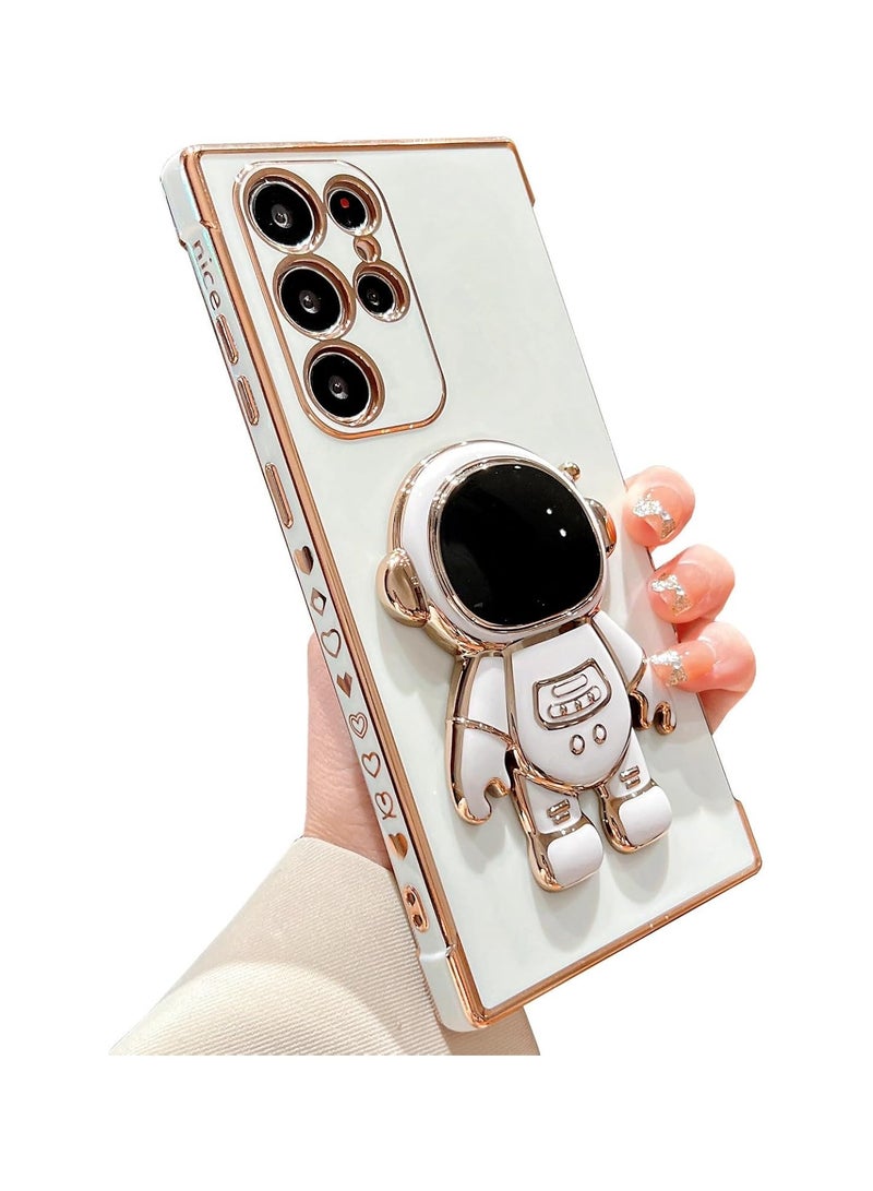 Mmmon Phone Case for Samsung Galaxy S24 Ultra,Luxury Plating Astronaut Stand Holder Phone Casewith Cute Love Heart Side Small Pattern Soft SiliconeShockproof Kickstand Cover Bumper (White) - Image 1