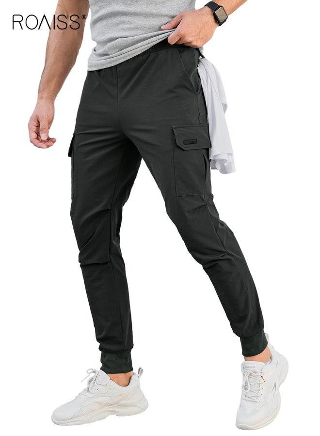 roaiss Men's Cargo Jogger Pants Stretch Sweatpants Slim Fit Tactical Pants with Zipper Pockets Casual Trousers Outdoor Sports Pure Black Trousers - Image 1