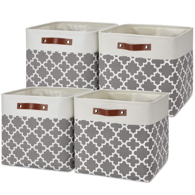 Temary 131313 Foldable Storage Cube Baskets Fabric Cube Storage Basket for Organizing Cloth Storage Bins with Leather Handles for Gifts Empty Closet Grey Lattice