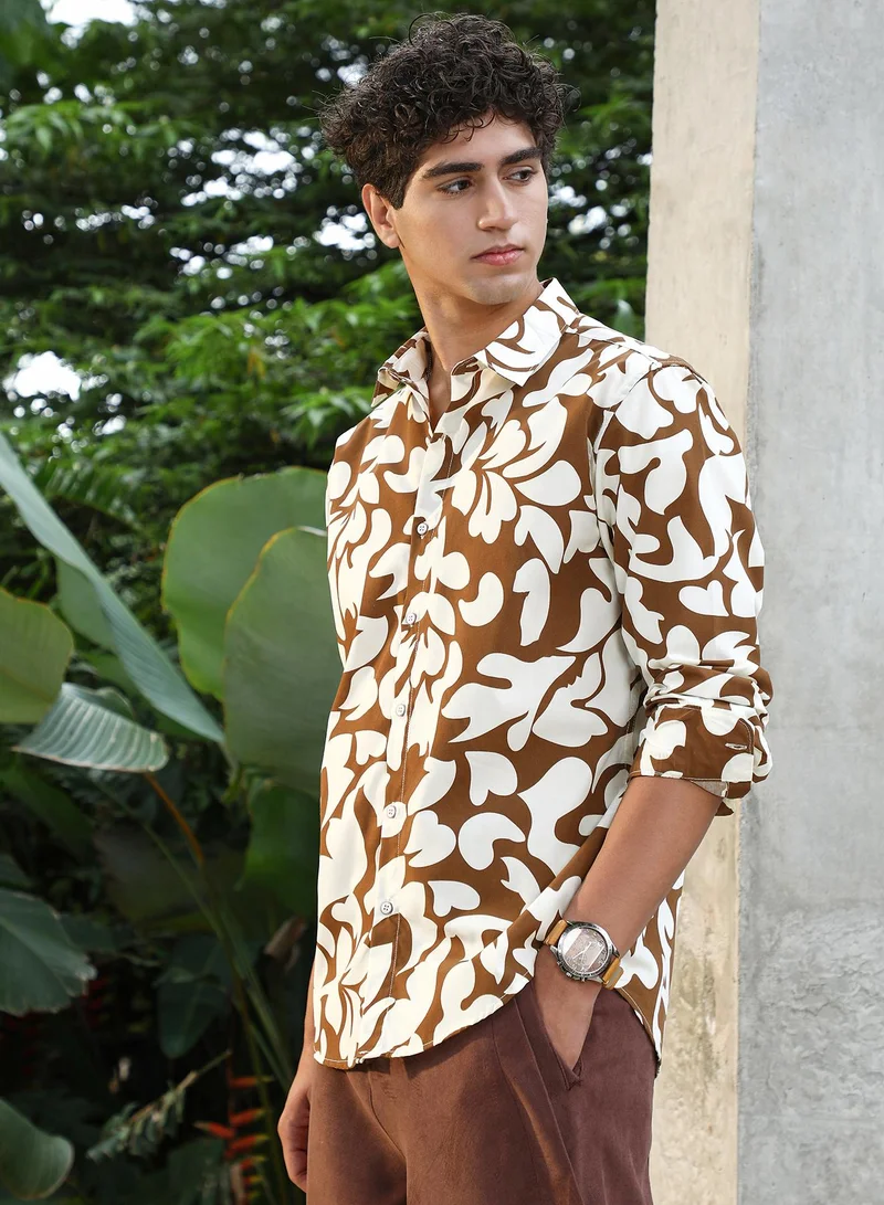 CAHOOT  Men's Chocolate Brown Contrast-Botanics Imprint Shirt for Men | Best Price UAE