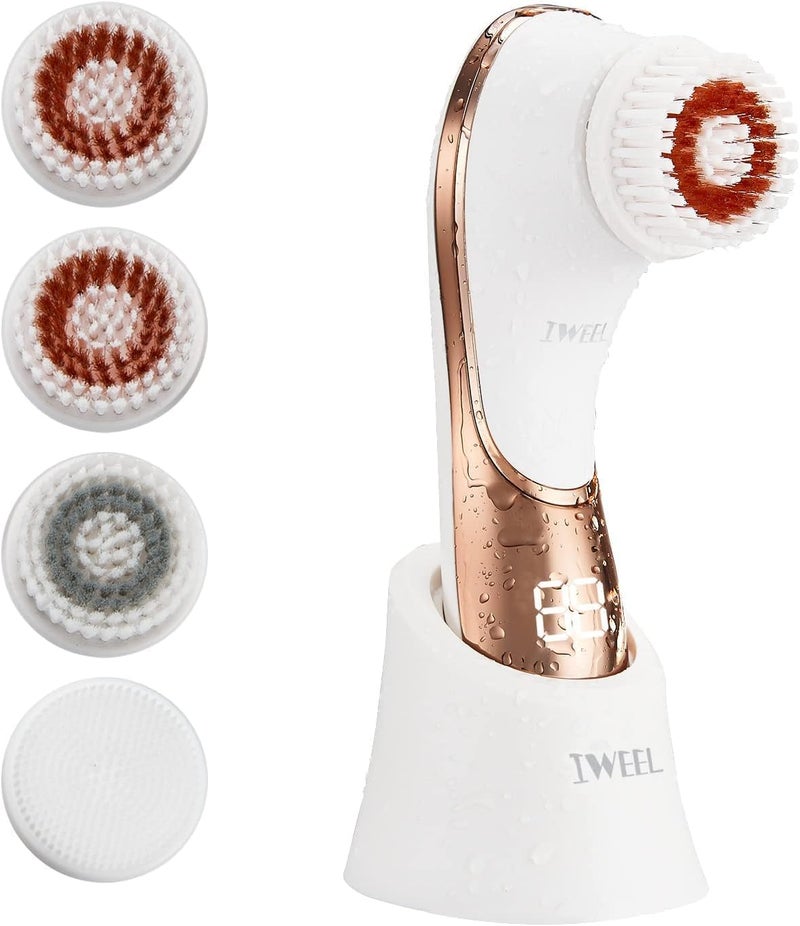 Electric Face Brush Scrubber Rechargeable Facial Exfoliator IPX7 Waterproof Spin Cleanser Rotating Spa Machine for Exfoliating Massaging and Deep Cleansing with 4 Brush Heads