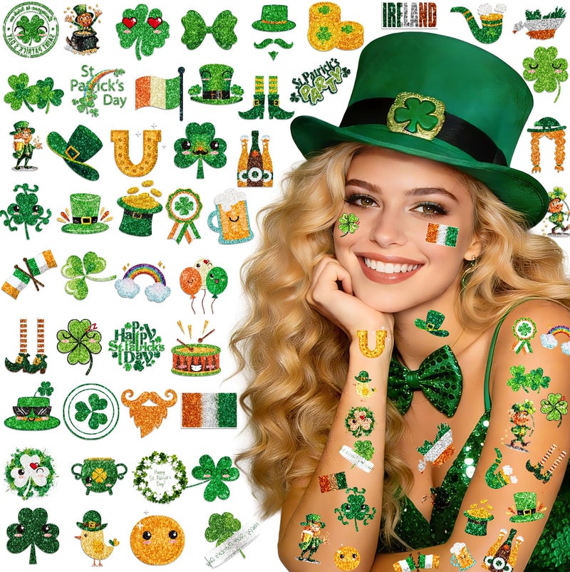 Voiiake St Patricks Day Accessories & Decorations, 48Pcs St. Patrick's Day Tattoos & Stickers, Saint Patrick's Day Party Favors, Green Themed Decor, Kids Temporary Tattoos and Shamrock Supplies - Image 1
