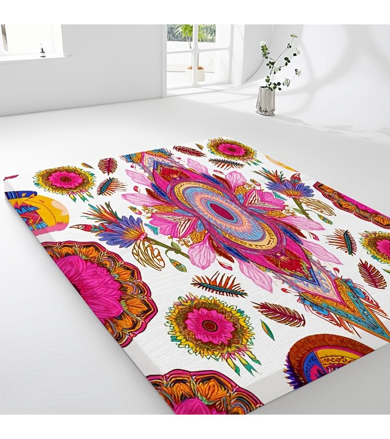 فراش رفيع بأسلوب بوهيمي مقاس 90×190 سم × 3 سم (35.43×74.8 بوصة) مطبوع رقميًا بنقوش زهرية كبيرة ملونة لغرفة النوم ومنطقة الاسترخاء. - Image 3