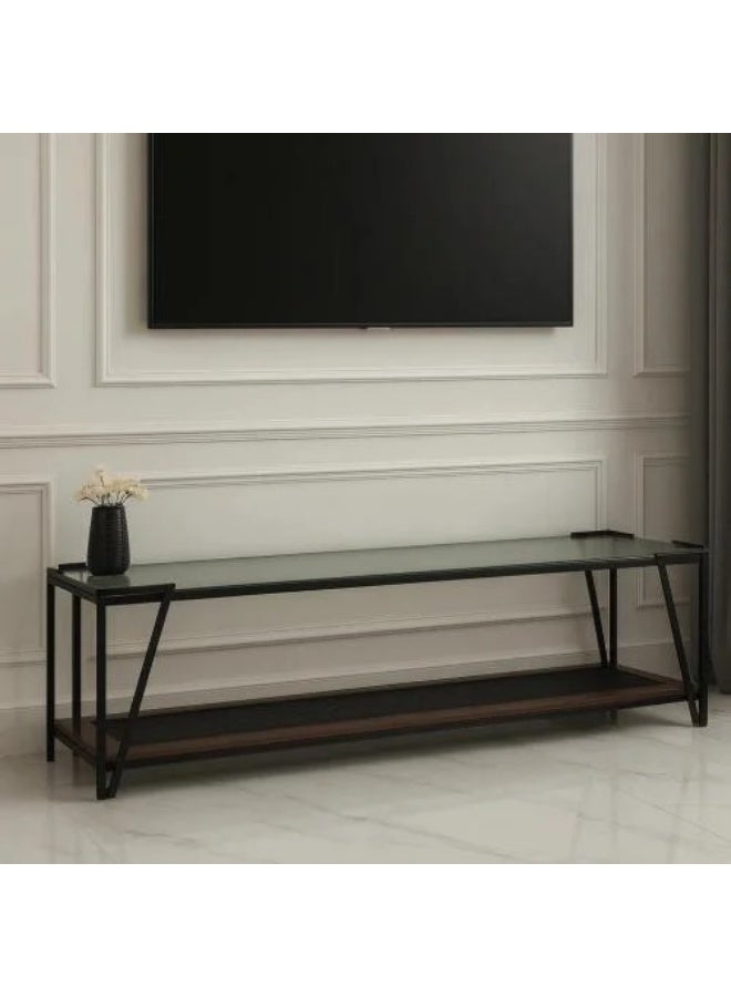 Double-door plasma table, brown wood with a clear glass top, size 160 cm - with a luxurious and elegant design