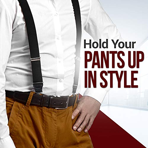 HOLD'EM Mens Elastic No Slip Pin Clip Y Back Suspenders With Leather Trim - Black (Regular 46" Long) - Image 5