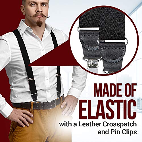 HOLD'EM Mens Elastic No Slip Pin Clip Y Back Suspenders With Leather Trim - Black (Regular 46" Long) - Image 3