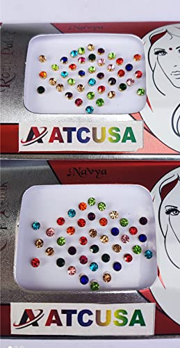 ATCUSA 140+ Bindi Dots Diamond Crystal Fake Nose stud/Ear Stud Indian Crafts bindi stickers Indian Bindi for women Face Jewels Gold black Multi tattoo Packet (Multi Colored Crystal Stones - Size 3mm) - Image 5