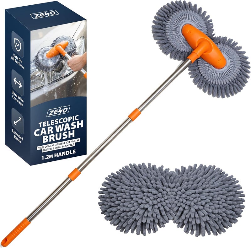 ZENO Telescopic Car Wash Brush with Dual Microfiber Heads - 1.2M Extendable Handle for Scratch-Free Cleaning - Image 1
