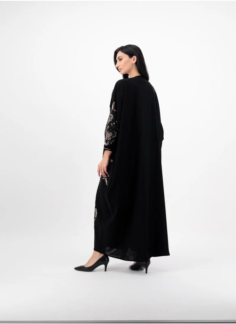 Meem by Mariyah Applique detailed Gold flowers on front open abaya