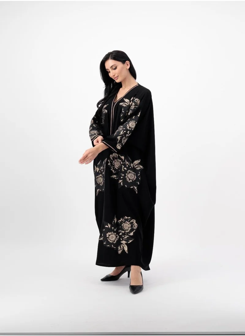 Meem by Mariyah Applique detailed Gold flowers on front open abaya