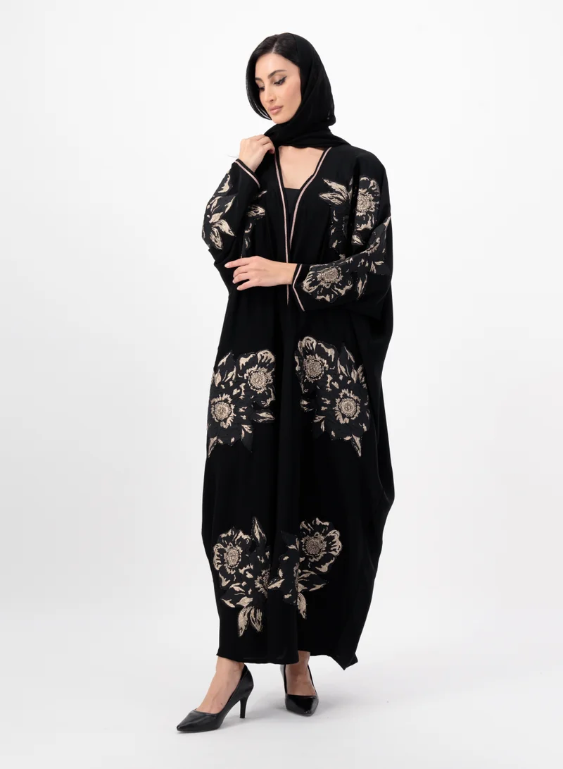 Meem by Mariyah Applique detailed Gold flowers on front open abaya