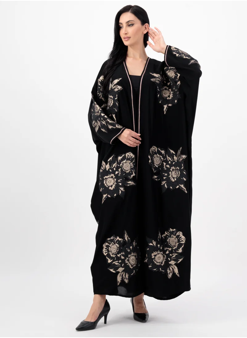Meem by Mariyah Applique detailed Gold flowers on front open abaya