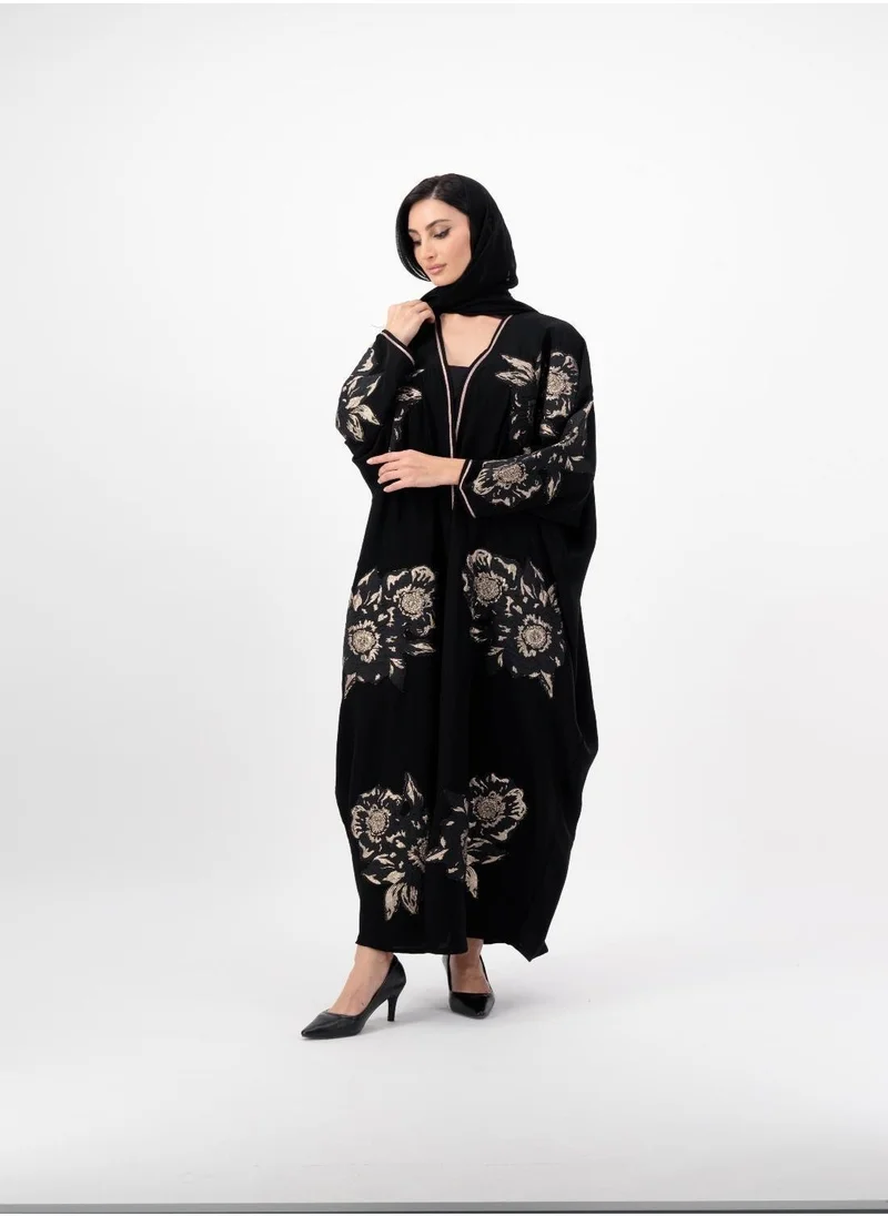 Meem by Mariyah Applique detailed Gold flowers on front open abaya