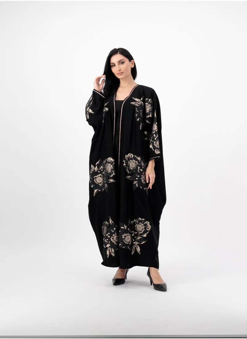 Meem by Mariyah Applique detailed Gold flowers on front open abaya