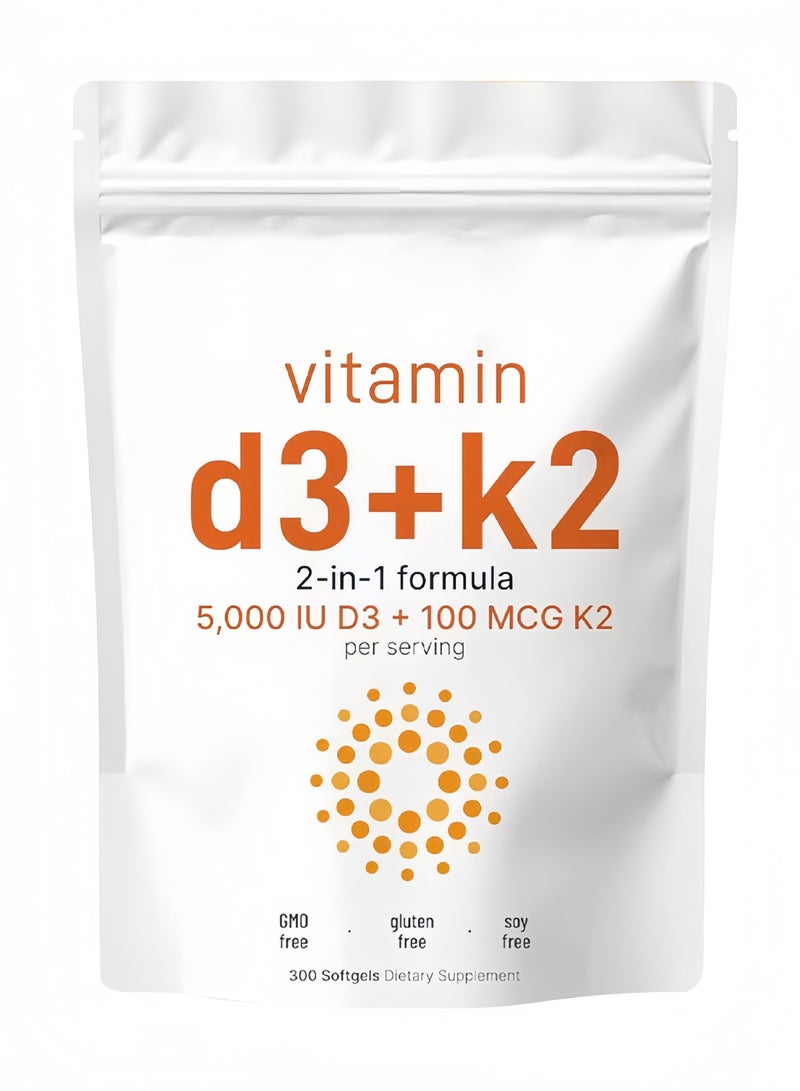 Vitamin Vitamin D3 5,000 iu Plus K2 (MK-7) 100 mcg, 180 Softgels Coconut Oil Softgels | 2 in 1 Vitamins D & K Complex | Supports Calcium Absorption, Bone, Immune, & Heart Health – Easy to Swallow - Image 1