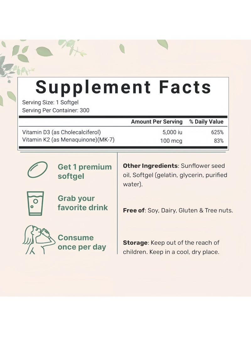 Vitamin Vitamin D3 5,000 iu Plus K2 (MK-7) 100 mcg, 180 Softgels Coconut Oil Softgels | 2 in 1 Vitamins D & K Complex | Supports Calcium Absorption, Bone, Immune, & Heart Health – Easy to Swallow - Image 3