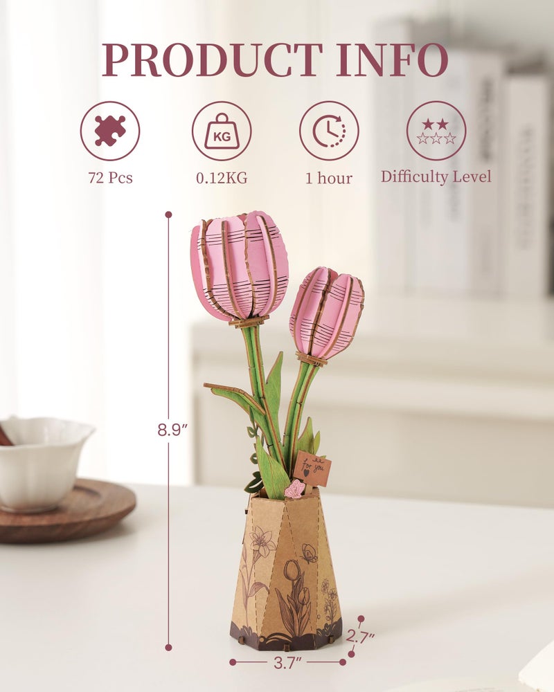Wowood 3D Flower Wooden Puzzles for Adults-Pink Tulip, DIY Wooden Flowers Model Kit Building Set Crafts for Adults to Build, Botanical Collection/Ideal Creative Gift Ideas/Housewarming (72PCS) - Image 4