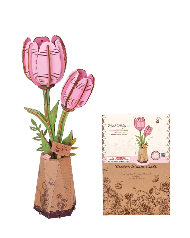 Wowood 3D Flower Wooden Puzzles for Adults-Pink Tulip, DIY Wooden Flowers Model Kit Building Set Crafts for Adults to Build, Botanical Collection/Ideal Creative Gift Ideas/Housewarming (72PCS) - Image 1