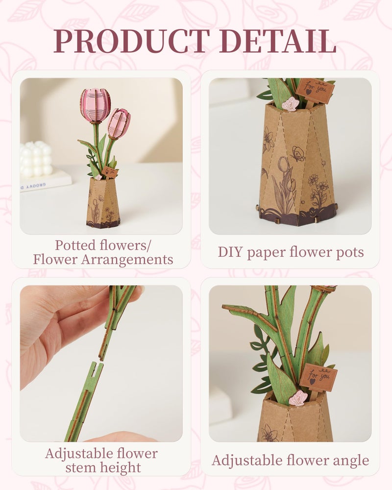 Wowood 3D Flower Wooden Puzzles for Adults-Pink Tulip, DIY Wooden Flowers Model Kit Building Set Crafts for Adults to Build, Botanical Collection/Ideal Creative Gift Ideas/Housewarming (72PCS) - Image 3