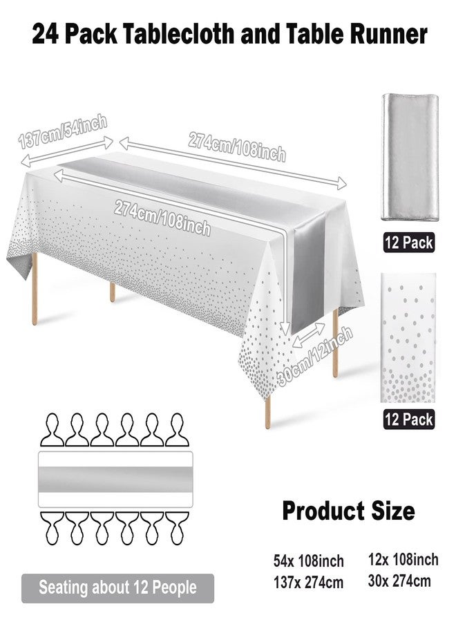 MASHAN 24Pack Disposable Plastic Tablecloths and Satin Table Runner Set White and Silver Dot Tablecloth Silver Satin Table Runner for Wedding Birthday Baby Shower Christmas New Year Party Decorations - Image 2