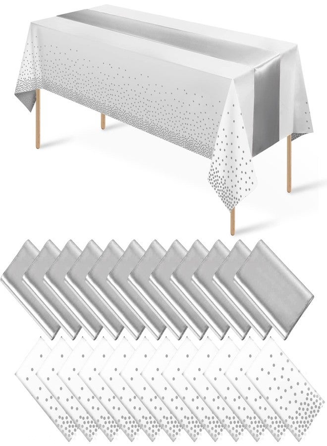 MASHAN 24Pack Disposable Plastic Tablecloths and Satin Table Runner Set White and Silver Dot Tablecloth Silver Satin Table Runner for Wedding Birthday Baby Shower Christmas New Year Party Decorations - Image 1