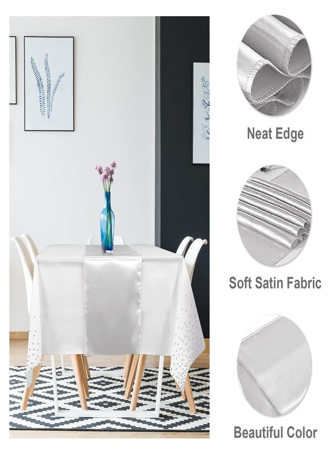 MASHAN 24Pack Disposable Plastic Tablecloths and Satin Table Runner Set White and Silver Dot Tablecloth Silver Satin Table Runner for Wedding Birthday Baby Shower Christmas New Year Party Decorations - Image 3