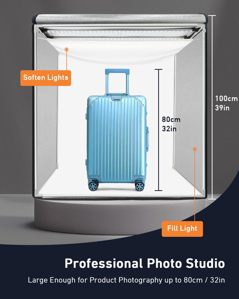 DUCLUS صندوق إضاءة تصوير DUCLUS 39×39 بوصة، صندوق إضاءة كبير 210 LED مع 3 لوحات إضاءة قابلة للتعتيم و4 خلفيات PP غير لامعة، خيمة خلفية تصوير احترافية لتصوير المنتجات - Image 2