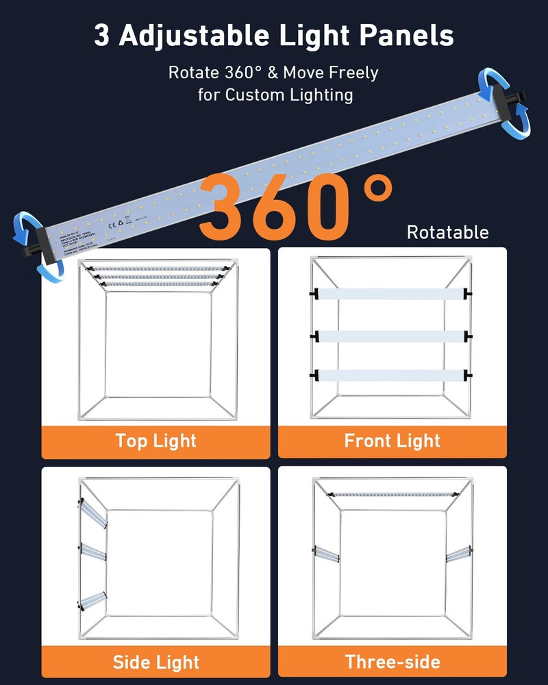 DUCLUS صندوق إضاءة تصوير DUCLUS 39×39 بوصة، صندوق إضاءة كبير 210 LED مع 3 لوحات إضاءة قابلة للتعتيم و4 خلفيات PP غير لامعة، خيمة خلفية تصوير احترافية لتصوير المنتجات - Image 4