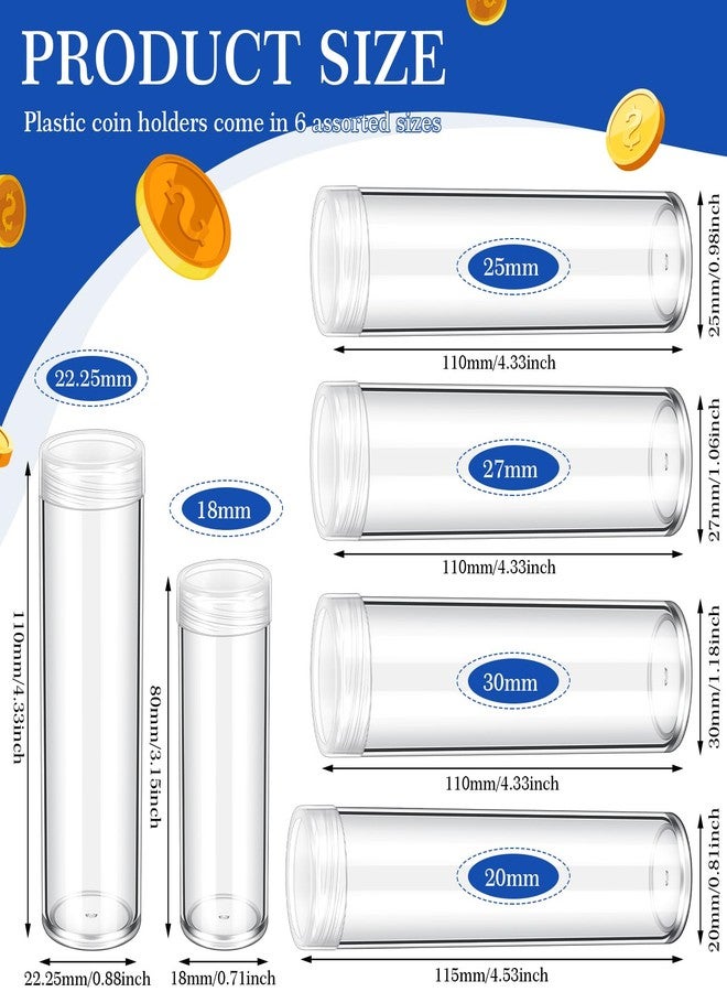 Yaomiao 36 Pcs Plastic Coin Tubes Assorted Sizes Nickel Dime Storage Tubes with Lid Quarter Storage Holders Half Dollar Containers Round Dollar Collection Supplies - Image 2