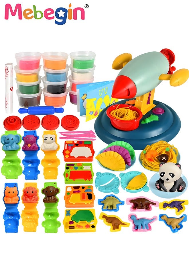 Rocket Shape 47 Pcs Playdough Tool Set for Toddlers,Animals Dinosaurs Creations Noodle Playset Maker Machine Playdough Kit for Kids Boys and Girls Dough Birthday for Kids