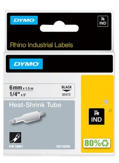 DYMO RHINO HEAT SHRINK TUBE 6MMX1.5M WHITE,Rhino Heat Shrink Tubes Industrial Label Tape,1/4" x 5 ft,White/Black Print,Black on White, Heat Shrink Tubes for LabelWriter and Makers,18051,0.25 Inch
