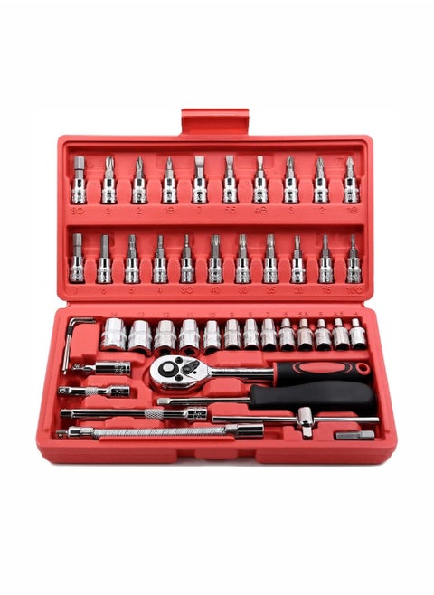 46-Piece Socket Ratchet Wrench Set with Torque Extension Bar and Drill Bits Chrome Vanadium Steel 1/4 Inch Drive For Car Motorcycle Household Repairs Includes Case Easy DIY Maintenance