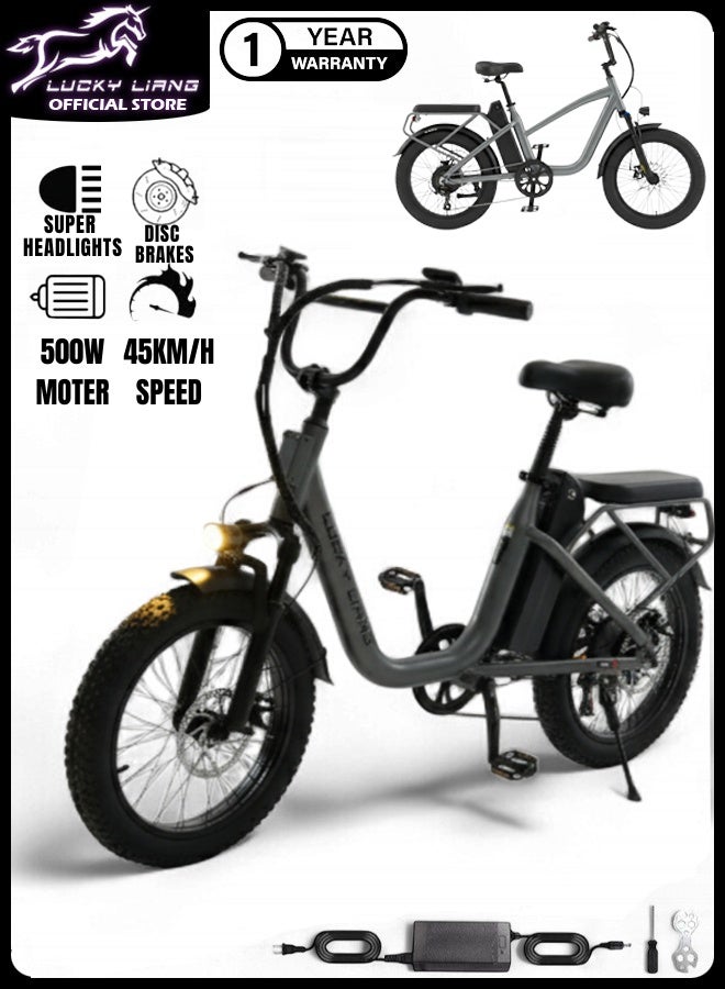 Lucky Liang U03 Electric Bike 500W Motor (750W Max), 48V 13Ah Battery, 45Km/h Speed, 45Km Range, 20”3.0 Tires, Disc Brakes, Carbon Steel Frame – Powerful Long Range E-Bike for Adults - Image 1