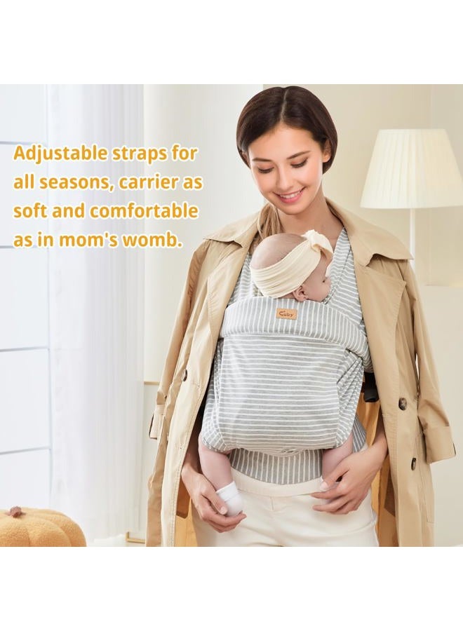 CUBY Baby Wraps Carrier Sling, Skin-Friendly and Premium Cotton Front Newborn Carrier Wrap, One Size Fits All for Newborn Toddlers- Hands Free Baby Wearing Wrap for Travel Outdoor Gifts (Grey Stripe) - Image 2
