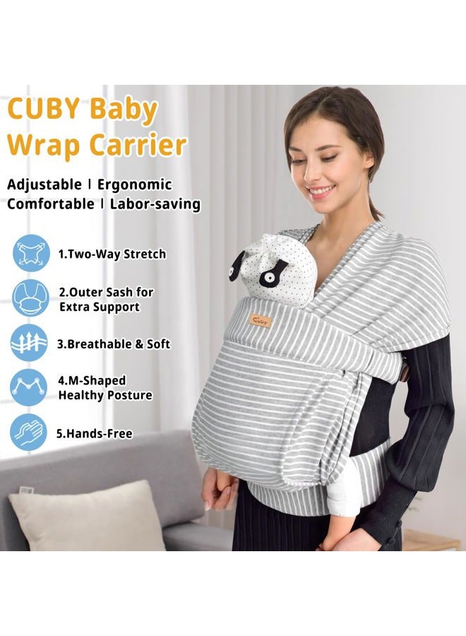 CUBY Baby Wraps Carrier Sling, Skin-Friendly and Premium Cotton Front Newborn Carrier Wrap, One Size Fits All for Newborn Toddlers- Hands Free Baby Wearing Wrap for Travel Outdoor Gifts (Grey Stripe) - Image 3