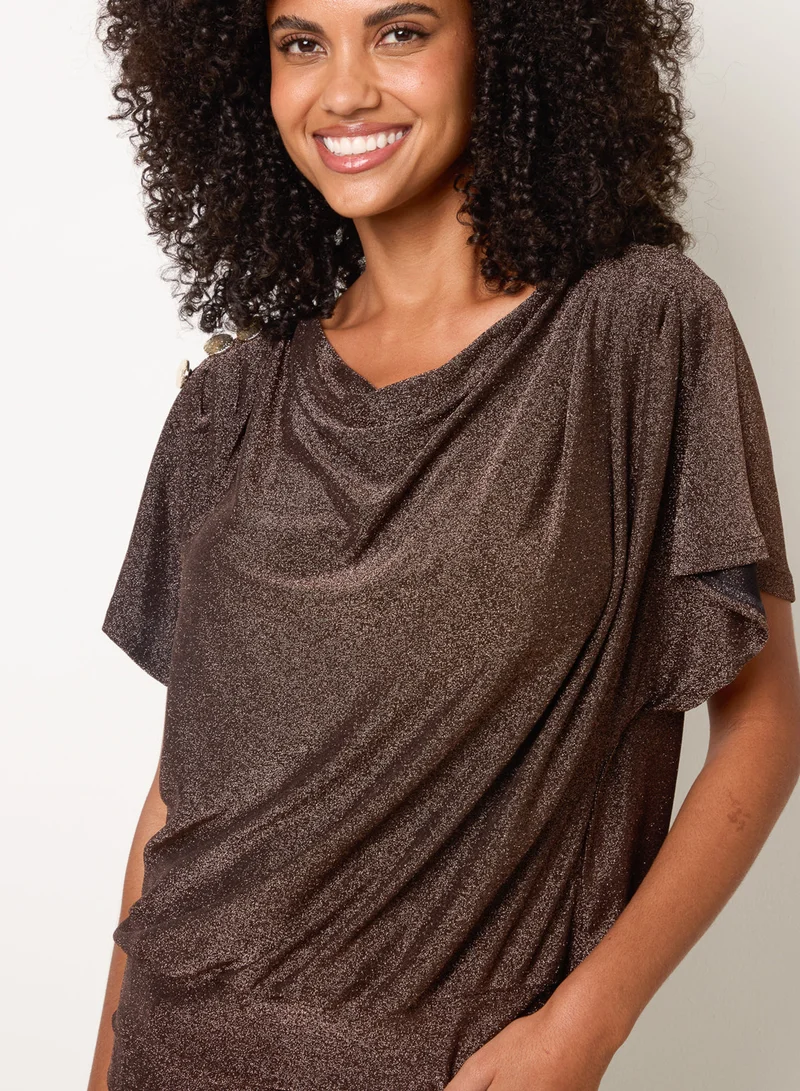 بلو فانيلا Button Detail Draped Cowl Neck Top