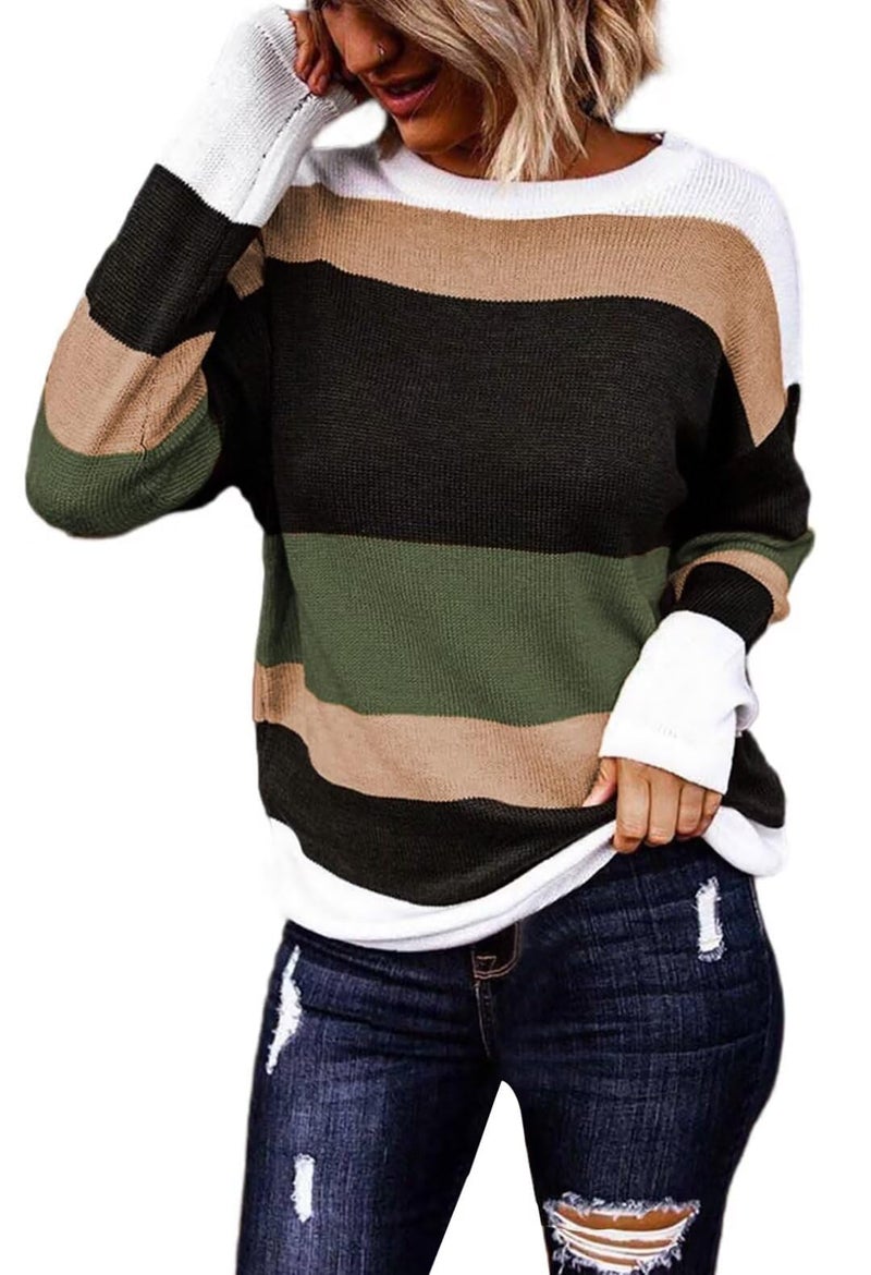 FEKOAFE Womens Tops 2025 Color Block Sweaters Crew Neck Long Sleeve Knit Pullover Sweaters Tops Green M - Image 2