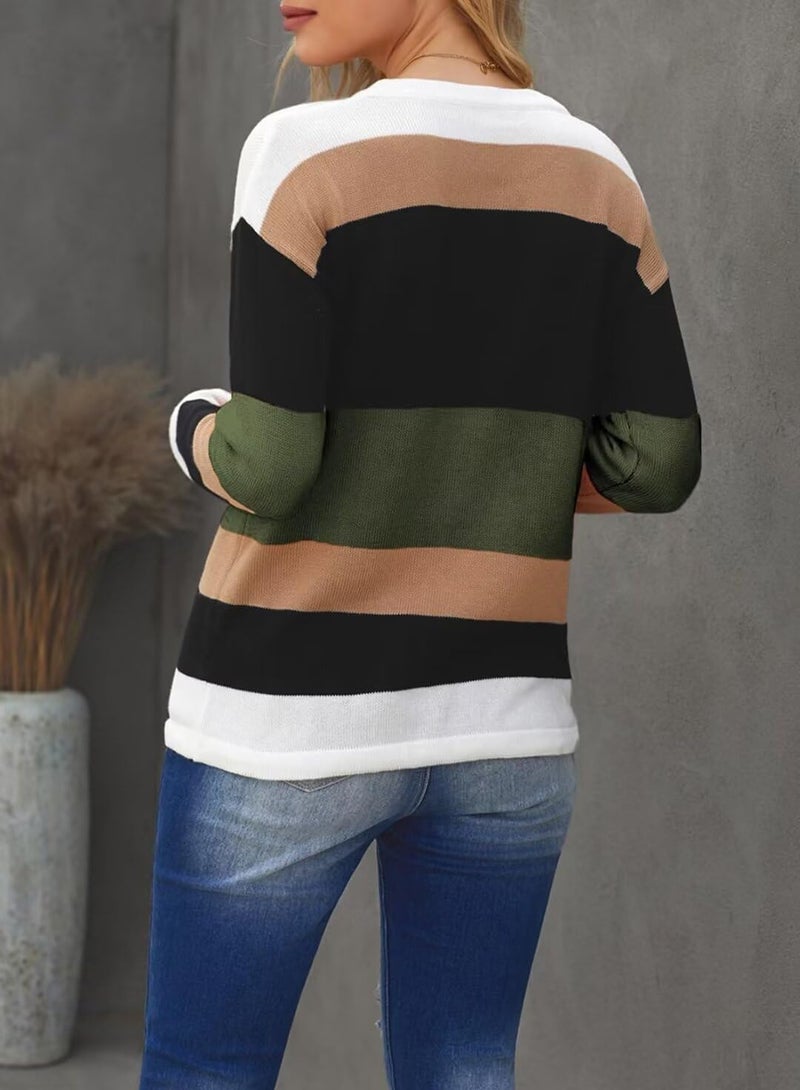 FEKOAFE Womens Tops 2025 Color Block Sweaters Crew Neck Long Sleeve Knit Pullover Sweaters Tops Green M - Image 4