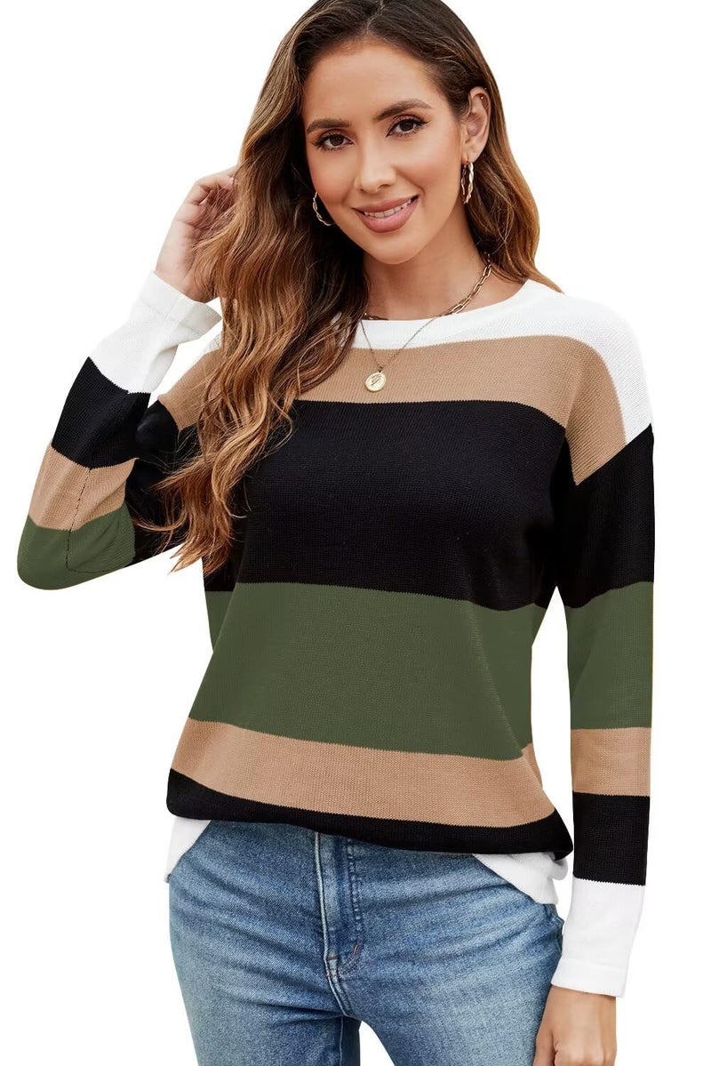 FEKOAFE Womens Tops 2025 Color Block Sweaters Crew Neck Long Sleeve Knit Pullover Sweaters Tops Green M - Image 5