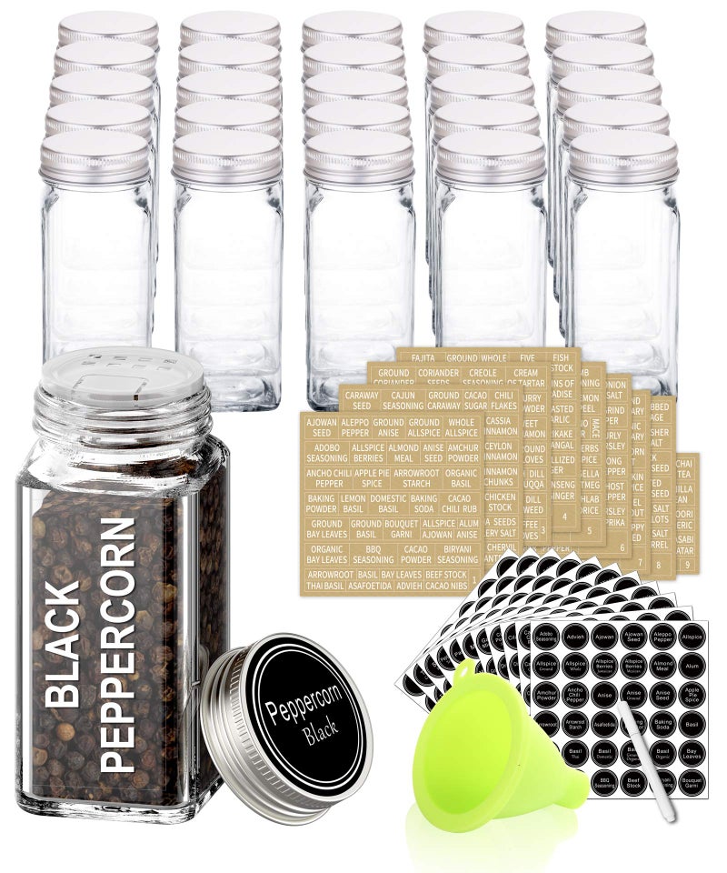 SWOMMOLY 25 Glass Spice Jars with 703 Spice Labels, Chalk Marker and Funnel Complete Set. 25 Square Glass Jars 4OZ, Airtight Cap, Pour/sift Shaker Lid - Image 1