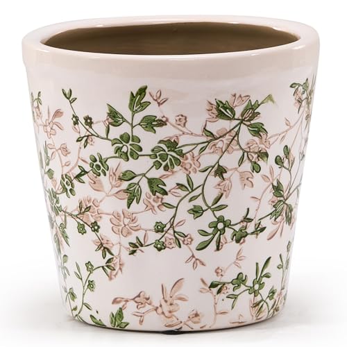 Teweiqi Ceramic Planter with Drainage Hole, Plastic Tray & Mesh, 6 Inch - Indoor/Outdoor Flower Pot for Orchids, Succulents, Green Floral Modern Farmhouse Décor for Home,Office and Garden, Ideal Gift - Image 1