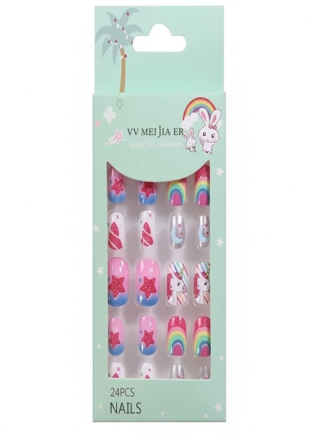 KRIVTEJ 24 Pcs kids girlsFake Nails,Press on Nails for kids girls Pre-glue Full Cover Short False Nails Children Nails Lovely Gift for kids girls (Refreshing and Cute) Multicolor - Image 1