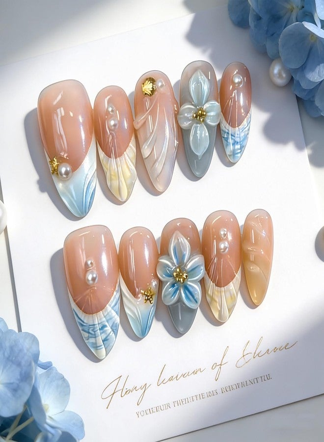 Vopintpy Spring Summer Press on Nails Handmade Flower Fake Nails 3D Floral Pearl False Nail with Design Glossy Reusable Medium Almond Stick on Nail for Women DIY Manicure - Image 1