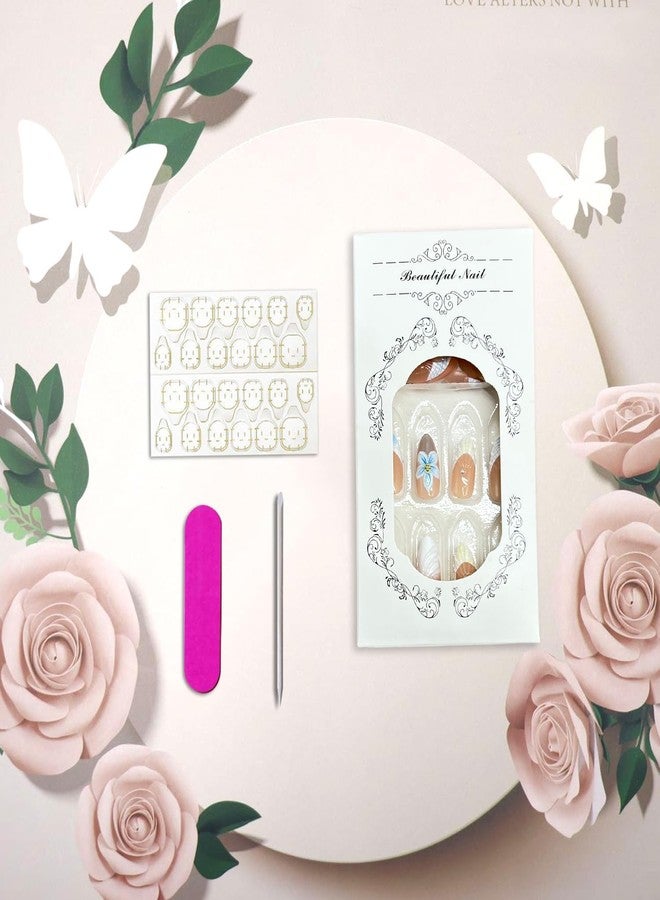 Vopintpy Spring Summer Press on Nails Handmade Flower Fake Nails 3D Floral Pearl False Nail with Design Glossy Reusable Medium Almond Stick on Nail for Women DIY Manicure - Image 5