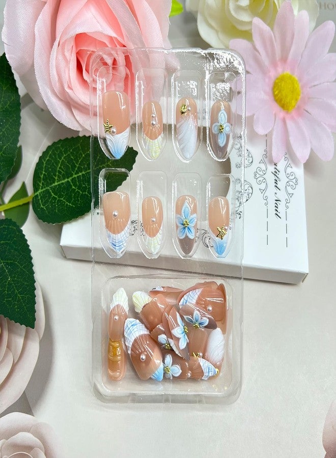Vopintpy Spring Summer Press on Nails Handmade Flower Fake Nails 3D Floral Pearl False Nail with Design Glossy Reusable Medium Almond Stick on Nail for Women DIY Manicure - Image 2