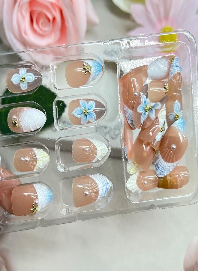 Vopintpy Spring Summer Press on Nails Handmade Flower Fake Nails 3D Floral Pearl False Nail with Design Glossy Reusable Medium Almond Stick on Nail for Women DIY Manicure - Image 3