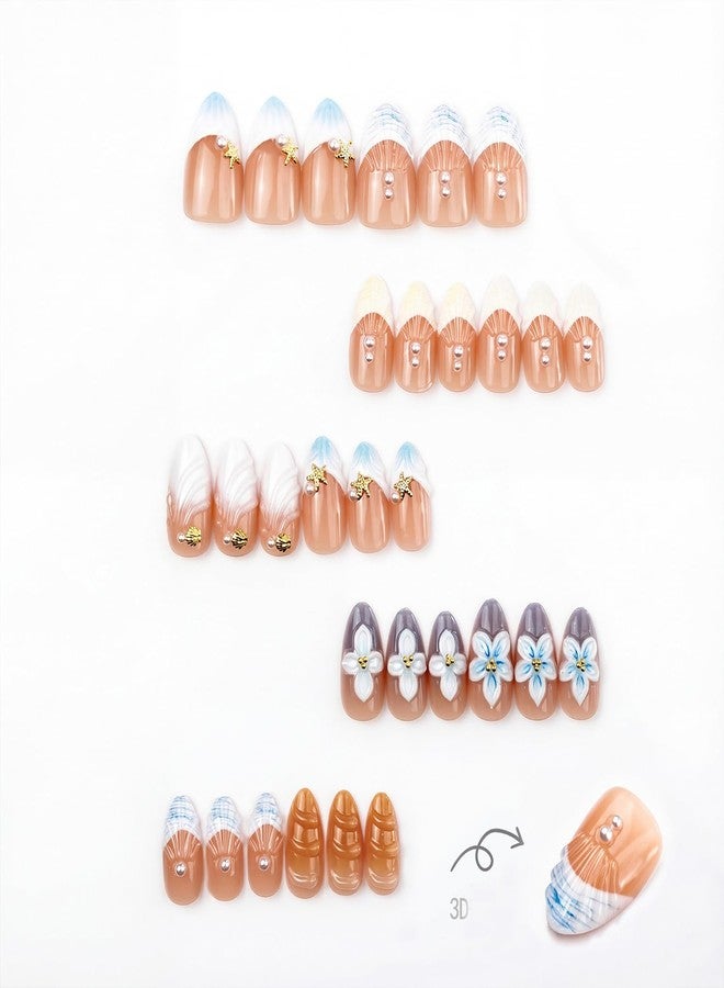Vopintpy Spring Summer Press on Nails Handmade Flower Fake Nails 3D Floral Pearl False Nail with Design Glossy Reusable Medium Almond Stick on Nail for Women DIY Manicure - Image 4