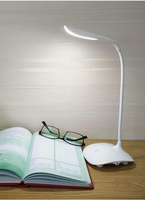 Desk Lamp with Flexible Gooseneck 3 Level Brightness, Rechargeable Table Light, Table Lamp 5W Touch Control, Dimmable Reading Lamp, Compact Portable lamp for Dorm Study Office Bedroom, Eye-Caring and Energy Saving (White)
