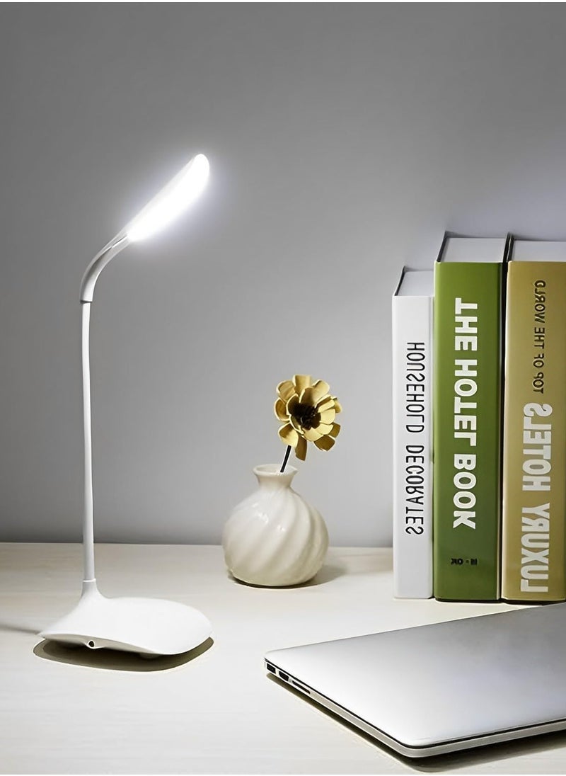 Desk Lamp with Flexible Gooseneck 3 Level Brightness, Rechargeable Table Light, Table Lamp 5W Touch Control, Dimmable Reading Lamp, Compact Portable lamp for Dorm Study Office Bedroom, Eye-Caring and Energy Saving (White)