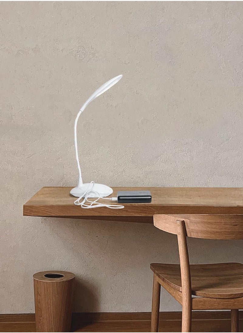 Desk Lamp with Flexible Gooseneck 3 Level Brightness, Rechargeable Table Light, Table Lamp 5W Touch Control, Dimmable Reading Lamp, Compact Portable lamp for Dorm Study Office Bedroom, Eye-Caring and Energy Saving (White)